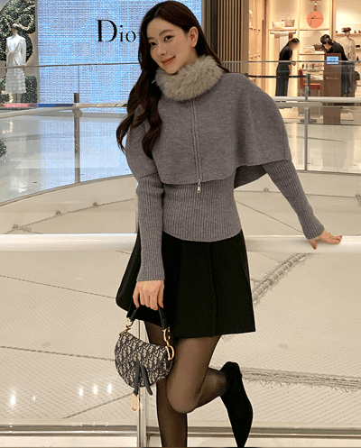 三件組｜Ｖ領坑紋針織衣+小斗篷＋可拆毛圈SET1