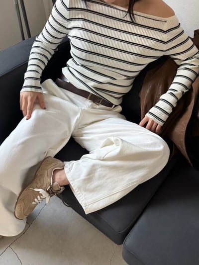 斜肩細坑條橫紋針織衣9