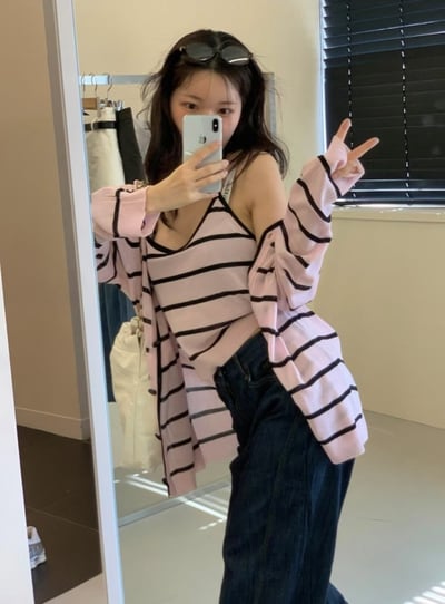 圓領合身薄款橫條紋針織小罩衫1