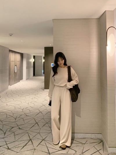 斜肩下擺縮腰大學Ｔ＋打褶腰間抽繩棉褲SET(可拆買）10