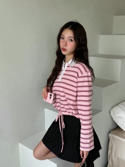 撞色蕾絲polo領配色條紋Ｔ3