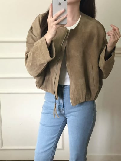 落肩圓領薄款麂皮拉鍊夾克5