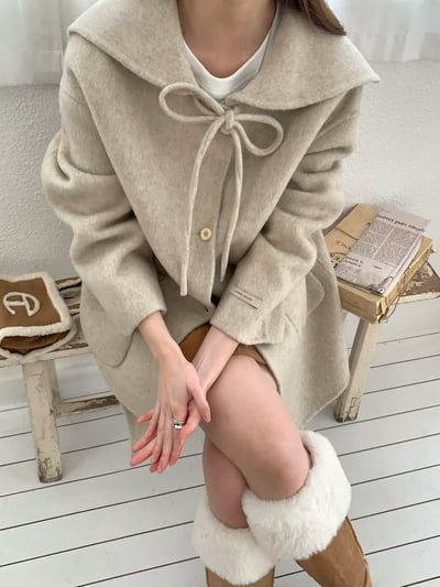 前綁結娃娃圓領羊毛100%大衣2