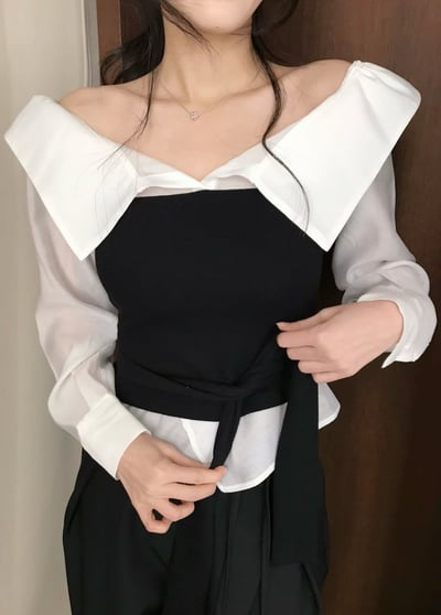 假兩件翻領拼接側綁結背心5