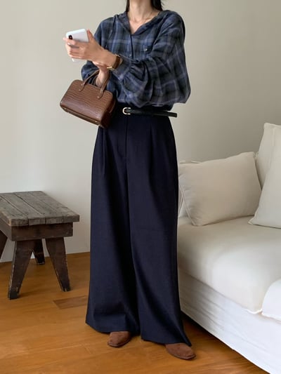 後鬆緊前壓褶秋冬厚款寬褲（附皮帶)5