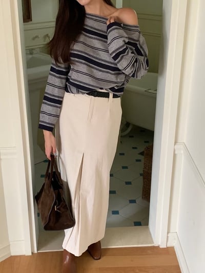 斜肩粗細薄款棉質長袖Ｔ6