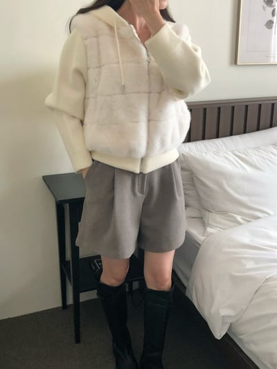 毛毛拼接針織抽繩連帽外套4