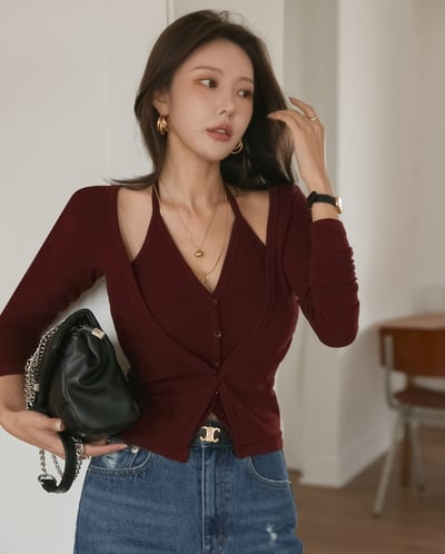 假兩件掛脖鏤空排釦薄Ｔ7