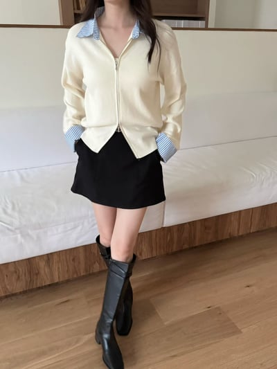 拼接直紋襯領雙拉鍊針織衫4