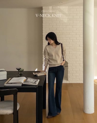 V領縮口排釦手袖素色羊毛針織衣（5%）6