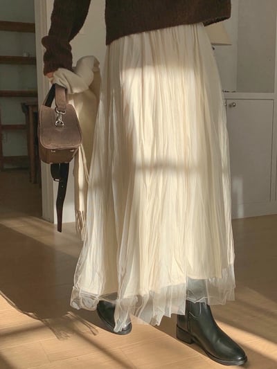 兩面穿！壓紋絨面料拼接網紗長裙7