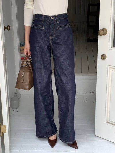 一字口袋車線壓紋直筒牛仔褲1