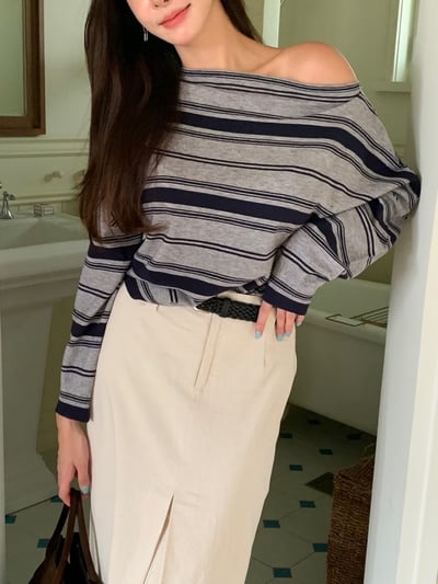 斜肩粗細薄款棉質長袖Ｔ2