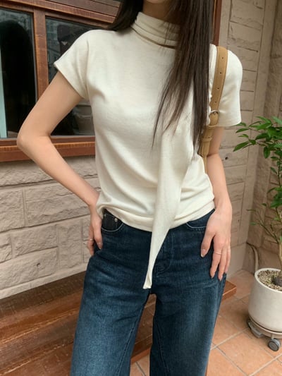 素色短袖薄款羊毛衣（附綁巾）1