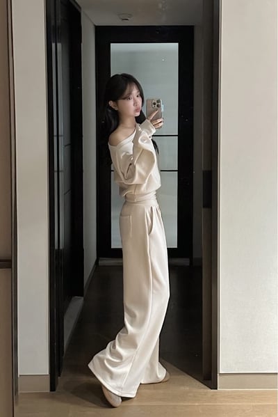 斜肩下擺縮腰大學Ｔ＋打褶腰間抽繩棉褲SET(可拆買）7