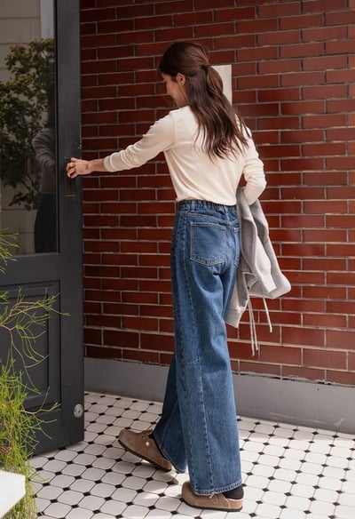 兩側壓線裁切寬版後鬆緊牛仔褲3