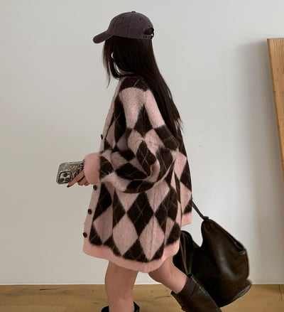 菱格紋毛感中長款排釦外套2