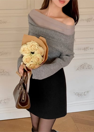 一字領網紗拼接上衣3