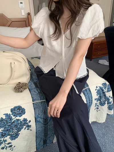 蕾絲拚接花苞袖短上衣6