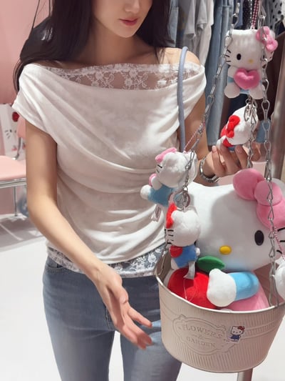拼接蕾絲斜肩垂墜領上衣3