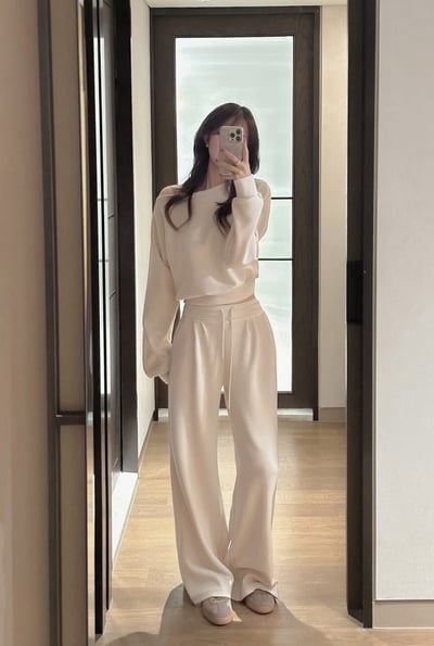 斜肩下擺縮腰大學Ｔ＋打褶腰間抽繩棉褲SET(可拆買）5