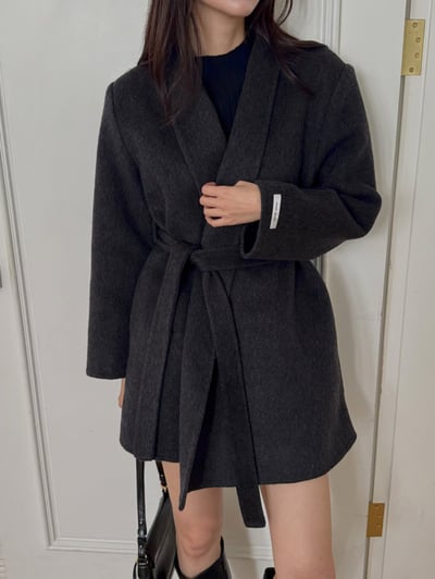 混羊中長款毛手工大衣（附綁帶）4
