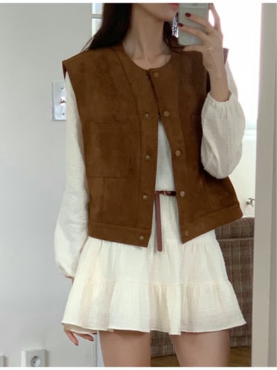 極簡圓領雙口袋麂皮背心15