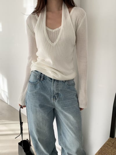 繞頸假兩件Ｖ領坑紋針織衫1