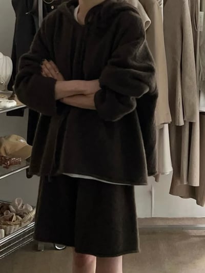 抽繩連帽針織衫＋鬆緊三分針織褲SET5