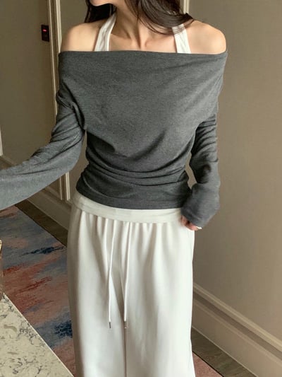 假兩件繞頸背心＋垂墜可斜肩上衣SET5