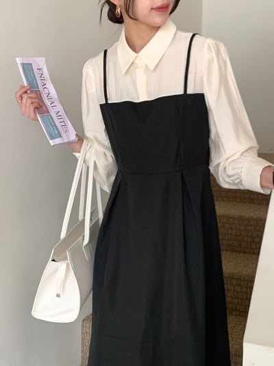 假兩件造型雪紡＋傘擺雪紡吊帶長洋5