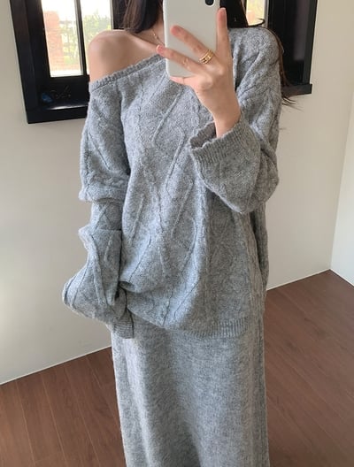 斜肩長版麻花針織衣+鬆緊落地長裙SET5