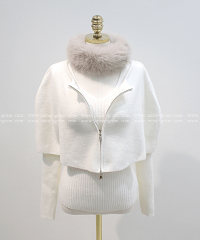 三件組｜Ｖ領坑紋針織衣+小斗篷＋可拆毛圈SET14