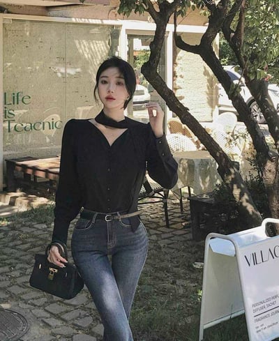 桃心領排釦雪紡衫（附綁帶）4