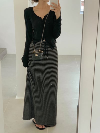 抽繩細條紋落地棉質長裙5