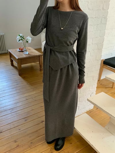 側綁結薄款Ｔ＋抽繩鬆緊長裙SET(可拆買)1