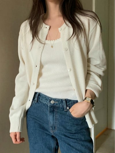 排釦圓領針織罩衫＋螺紋抽繩針織短褲SET(可拆買）3