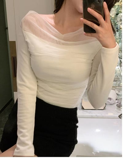 拼接歐根紗側邊抓皺平領上衣14