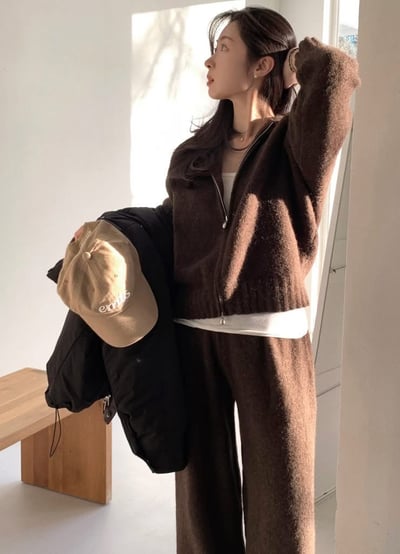 雙向拉鍊針織連帽外套+長褲SET14