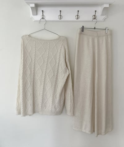 斜肩長版麻花針織衣+鬆緊落地長裙SET9