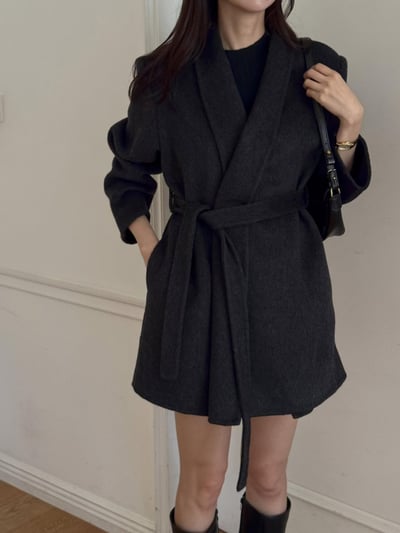 混羊中長款毛手工大衣（附綁帶）7