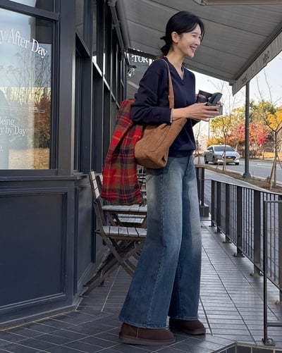 後口袋磨毛滾邊內刷薄毛直筒牛仔褲3