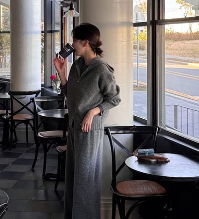 雙向拉鍊針織連帽外套+長褲SET6