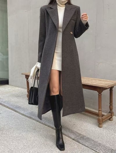 氣質翻領長版大衣外套1
