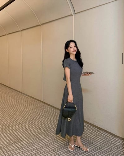 腰間鏤空傘擺條文棉質長洋6