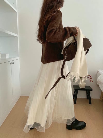 兩面穿！壓紋絨面料拼接網紗長裙1