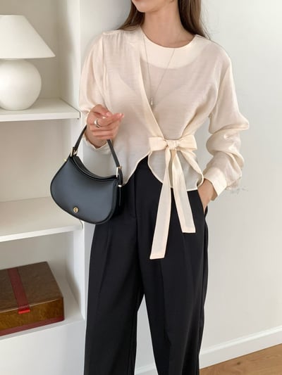 圓領素色微透下綁結雪紡衫2