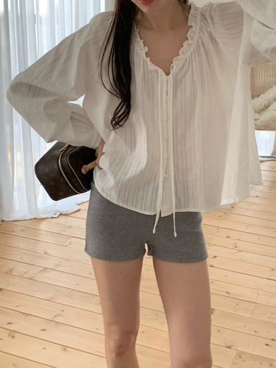 前綁結花邊Ｖ領棉麻衫＋荷葉棉麻短裙SET(可拆買）7