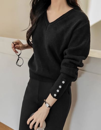 V領縮口排釦手袖素色羊毛針織衣（5%）5