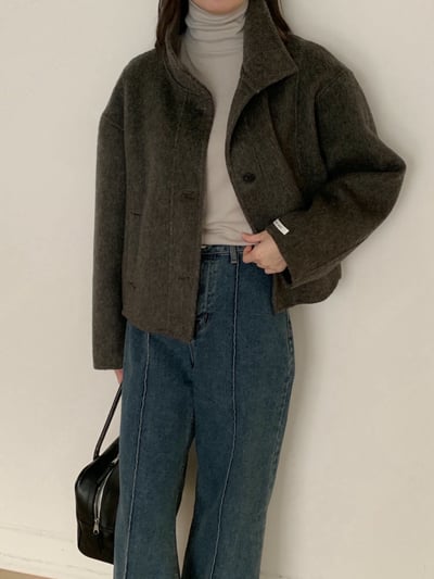 可高領簡約西裝版型手工羊毛外套（羊毛80%)2